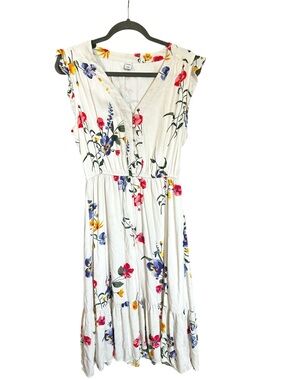 Old Navy White Floral V-Neck Midi Dress with Pink, Blue & Yellow Blooms